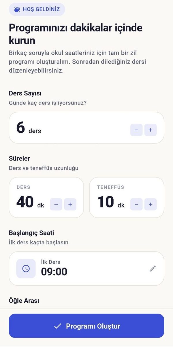 Kurulum sihirbazı: günde 6 ders, 40 dakika ders, 10 dakika teneffüs, ilk ders 09:00